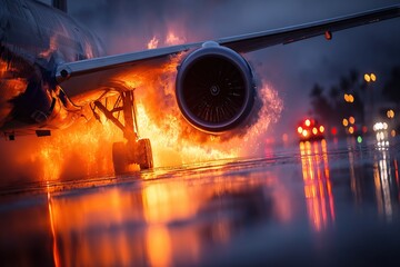 Airplane Engine Fire on Wet Tarmac with Emergency Response, Flames and Reflections Under Stormy Sky at Night.
