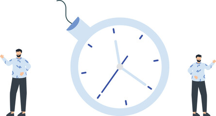 Time Management Concept: Clock with People, Illustrative Design on White Background,time management, clock hands, blue sweater, black pants, white background,