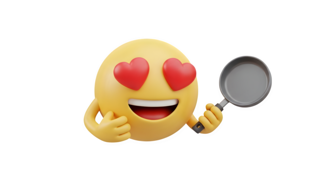 Lovestruck Emoji with Frying Pan 3d rendered, isolated on white background
