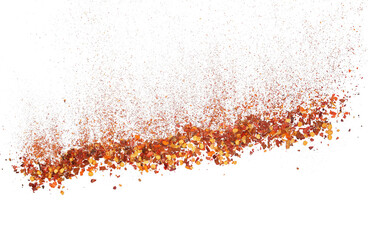 Spicy chili red pepper flakes falling, chopped, milled dry paprika pile isolated on white, clipping...