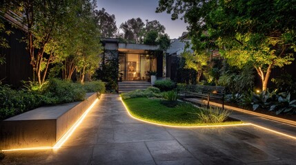 Illuminated Backyard Oasis: Modern Landscape Design with Warm Lighting