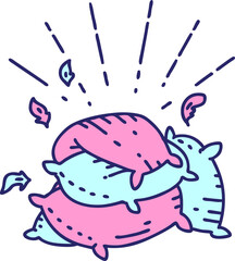illustration of a traditional tattoo style pile of pillows in bright neon color