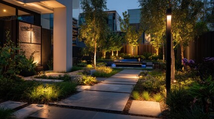 Illuminated Pathway in Modern Garden at Dusk