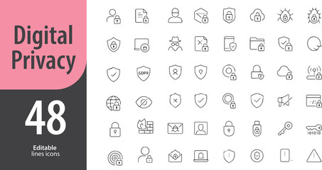 Digital Privacy Line Icons, Privacy Shield, Lock, Anonymous Browsing, Data Encryption, Secure Connection, Editable Formats: AI, EPS, PNG, JPG, Ideal for Both Digital and Print Use
