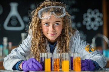 Curious Young Girl Scientist in Lab Coat Conducting Experiment with Test Tubes of Orange Liquid in STEM Classroom. Educational Science Concept.