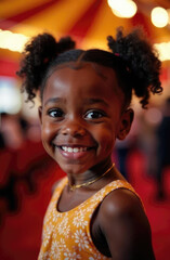 African American child's wonder and happiness at circus show with colorful dome tent background marking World Circus Day. Inclusive entertainment concept