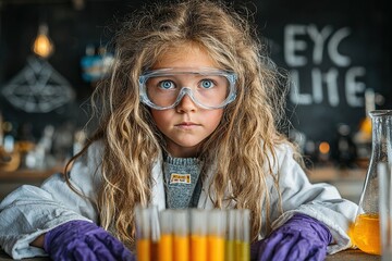 Curious Young Girl Scientist in Lab Coat Conducting Experiment with Test Tubes of Orange Liquid in STEM Classroom. Educational Science Concept.