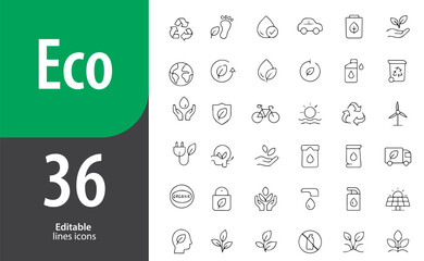 Eco Line Icons, Leaf, Recycle Symbol, Solar Panel, Green Energy, Water Drop, Editable Formats: AI, EPS, PNG, JPG, Ideal for Both Digital and Print Use
