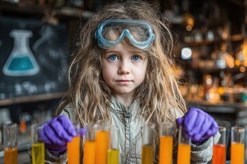 Curious Young Girl Scientist in Lab Coat Conducting Experiment with Test Tubes of Orange Liquid in STEM Classroom. Educational Science Concept.