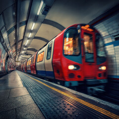 Fototapeta premium a unique angle, the red tube train passes quickly, with streaks and lines in the blurred background emphasizing the sense of speed and motion.