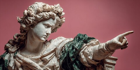 Marble Statue of Woman in Classical Robes Pointing Against Soft Pink Background. Neoclassical Art Style with Elegant Sculptural Detail and Minimalist Aesthetic.