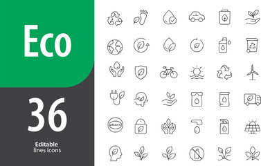Eco Line Icons, Leaf, Recycle Symbol, Solar Panel, Green Energy, Water Drop, Editable Formats: AI, EPS, PNG, JPG, Ideal for Both Digital and Print Use
