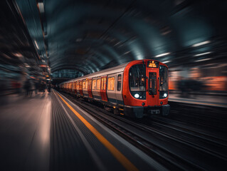 a unique angle, the red tube train passes quickly, with streaks and lines in the blurred background emphasizing the sense of speed and motion.