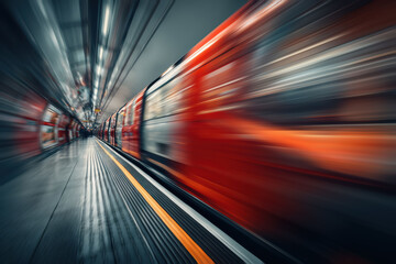 a unique angle, the red tube train passes quickly, with streaks and lines in the blurred background emphasizing the sense of speed and motion.