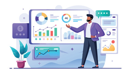 Man presenting data analytics charts and graphs on a dashboard with plant and money icon next to it