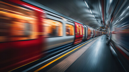 a unique angle, the red tube train passes quickly, with streaks and lines in the blurred background emphasizing the sense of speed and motion.