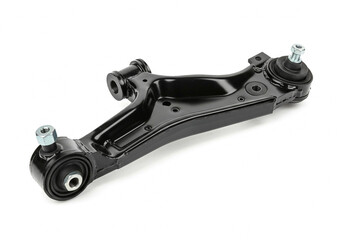 A black metal car suspension arm component isolated on a white background in a studio setting
