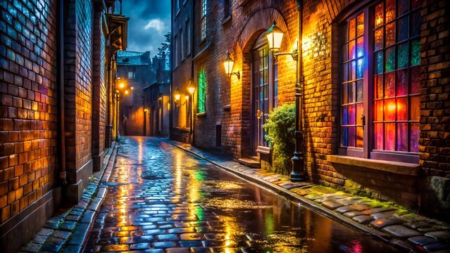 Rainy cobblestone alley illuminated by warm streetlights and stained glass windows