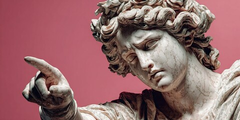 Marble Statue of Woman in Classical Robes Pointing Against Soft Pink Background. Neoclassical Art Style with Elegant Sculptural Detail and Minimalist Aesthetic.