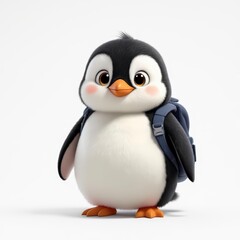 Naklejka premium Adorable Baby Penguin Student Wearing a Blue Backpack on a White Background