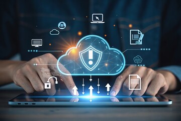 Hands using tablet with glowing cloud security interface
