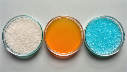 Crystals and liquid petri dishes show solid and liquid states with vibrant colors and textures soft light creating scientific gas study feel