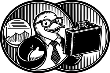Business duck wearing glasses and tie holding a briefcase and pointing to a chart