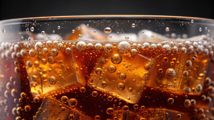 Carbonated drink with solid ice cubes and gas bubbles in liquid glass refreshing cold beverage