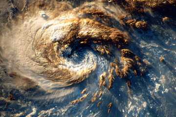 Dramatic satellite view of a massive hurricane system swirling over the ocean with visible eye and golden cloud formations showcasing atmospheric turbulence and weather intensity from space