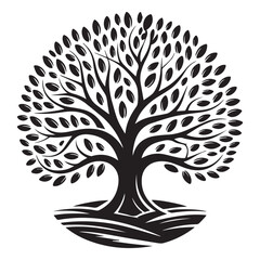 Stylized black and white tree with oval leaves and textured ground