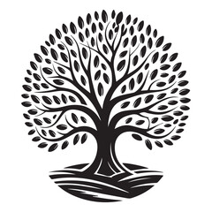 Obraz premium Stylized black silhouette tree with oval leaves and textured base