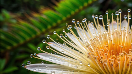 Dew drops on rafflesia flower petals create sparkling effect with green leaves blurred in background enhancing natural beauty and freshness