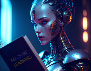 Close up em uma android de aço, lendo um livro, em ambiente futurista.
