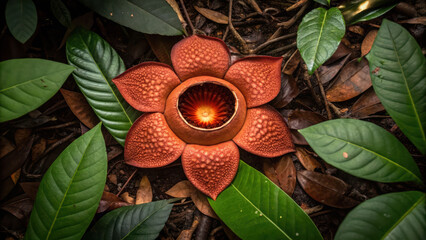Rafflesia flower with large red petals surrounded by green leaves on forest floor showing natural beauty and unique plant structure