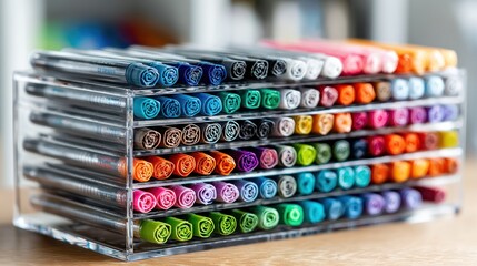 Colorful pens in a clear acrylic organizer