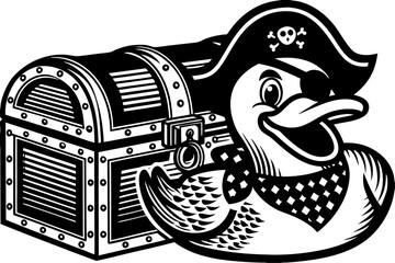 Whimsical pirate duck wearing an eye patch and hat with treasure chest
