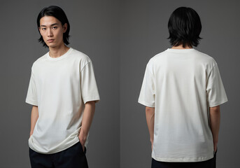 Asian man wearing blank loose fit T-shirt, front and back view for mockup