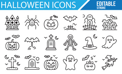 Vector Icons for Halloween Decorations, Spooky Faces and Creatures
