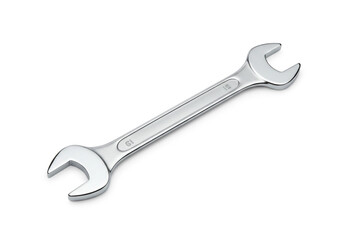 A shiny metal wrench with open ends lying diagonally on a plain white background in a studio shot