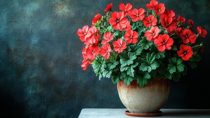 Vibrant red geraniums in terracotta pot