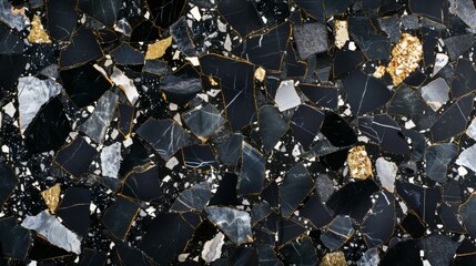 Luxurious Black Terrazzo Background with Gold and Marble Fragments