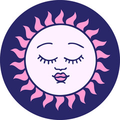 iconic tattoo style image of a sun with face in bright neon color