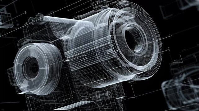 Digital manufacturing concept showcasing transparent technical design of mechanical part with detailed wireframe structure and engineering lines
