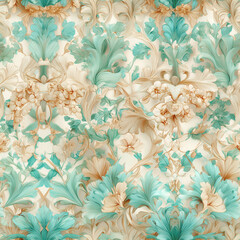 A highly detailed, seamless Baroque-style pattern featuring ornate floral and leaf motifs in shades of muted teal, warm beige, and cream, creating a sophisticated and textured design.

