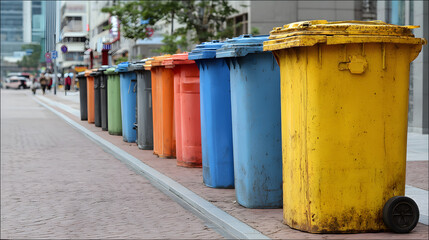 City waste bins lined up on the street, promoting urban cleanliness