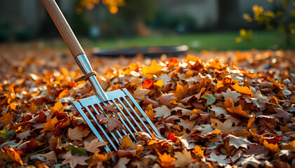 Pile of autumn leaves in a garden with a wooden rake, glowing under golden hour lighting for a seasonal mood.
