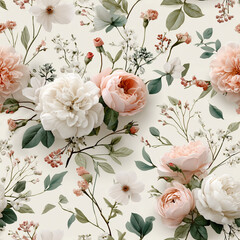 A romantic, seamless watercolor pattern featuring elegant peach-toned roses, delicate white blossoms, and soft green foliage, all on a bright white background.

