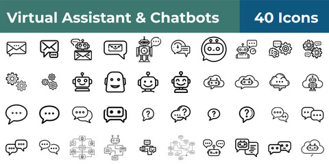 A collection of forty virtual assistant and chatbot icons in black and white line art style