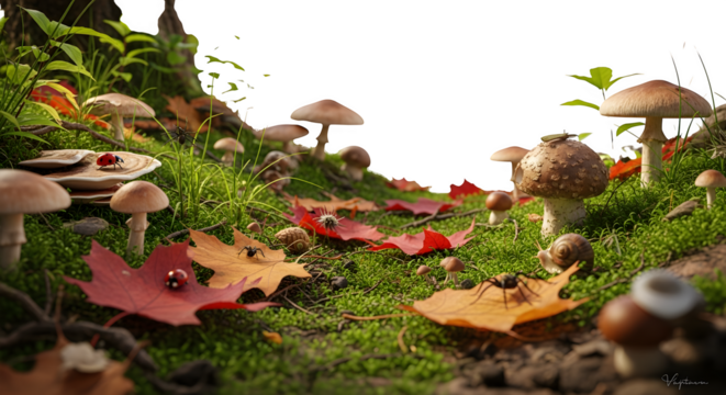Autumn forest floor with mushrooms and insects, isolated on white background