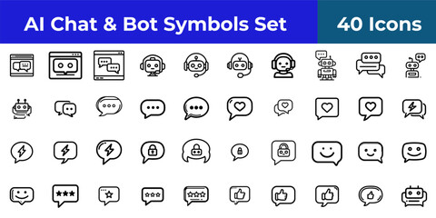 Ai chat and bot symbols set featuring icons of speech bubbles, robots, and various communication elements